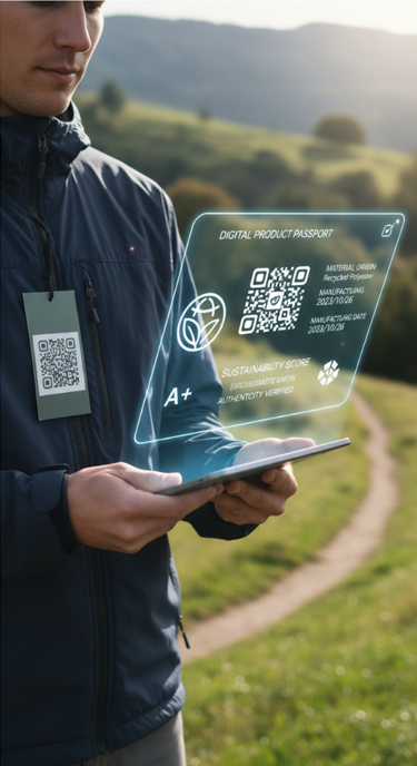 Digital Product Passport Information Display Device projecting Digital Product Passport information for textile materials using a QR code