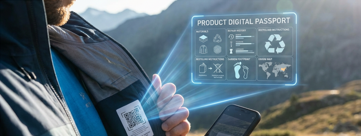 Textile Digital Product Passport QR Code on Jacket Outdoor jacket with a QR code label displaying textile Digital Product Passport information when scanned