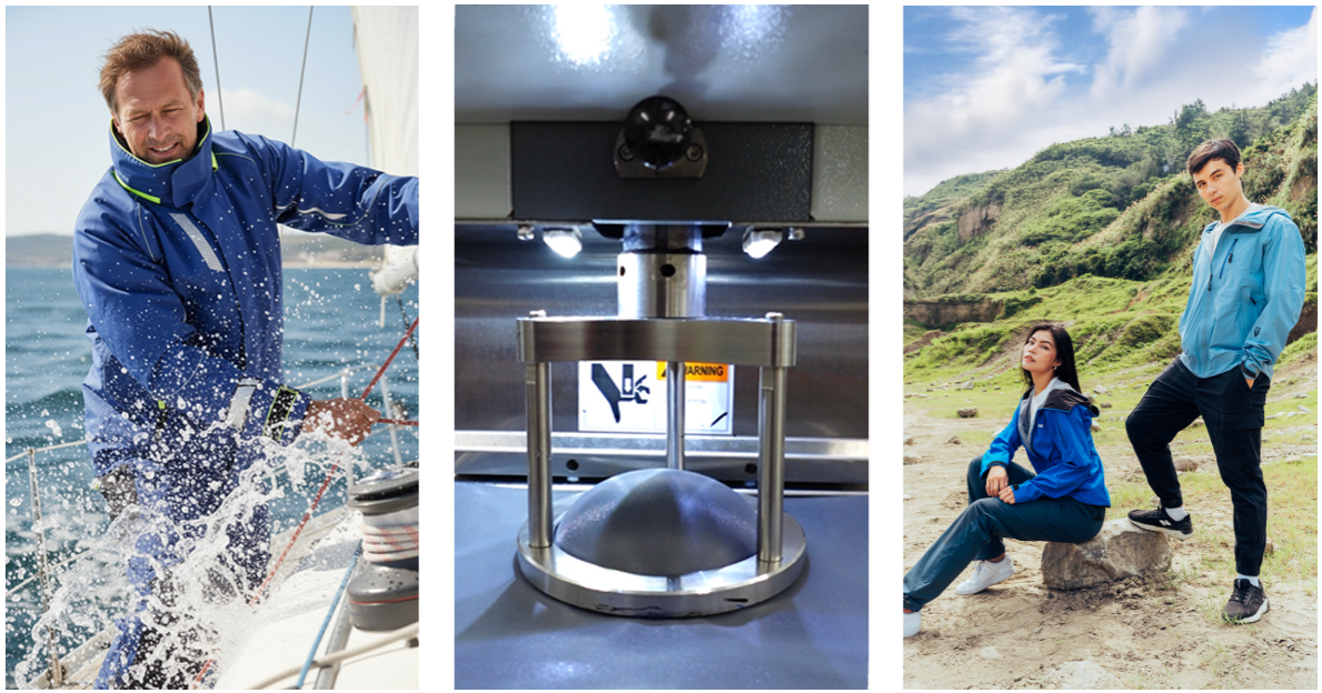 Waterproof Testing and Jacket Applications Waterproof sailing jacket in use, hydrostatic pressure testing equipment, and Porlite outdoor garments in real field conditions