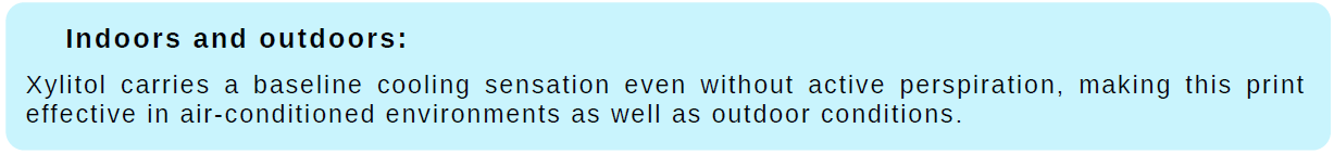 Indoors and outdoors: Xylitol carries a baseline cooling sensation even without active perspiration, making this print
effective in air-conditioned environments as well as outdoor conditions.