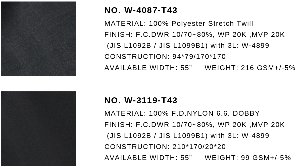 Hwafune PORLITE® fabric swatches used in the ALLENKO3 jacket: W-4087-T43 polyester stretch twill and W-3119-T43 nylon 6.6 dobby, both 3-layer with 20K waterproof and 20K breathable ratings